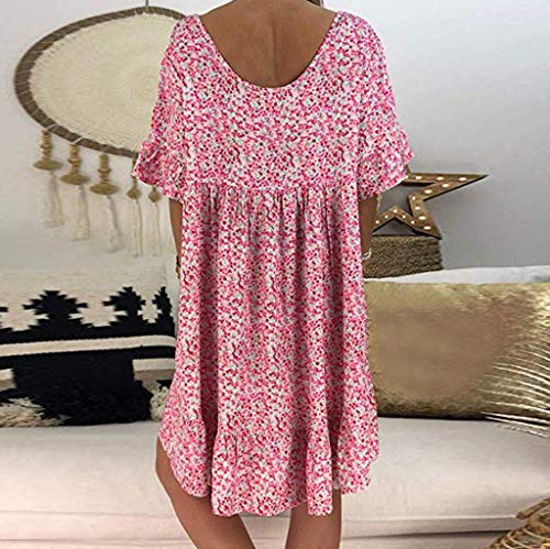 riou Vestidos Mujer Verano 2020 Cortos Suelto de Gasa con Cuello Redondo y Manga Corta con Volantes Vestido Bohemio Casual Mini Vestido Playa Vacaciones