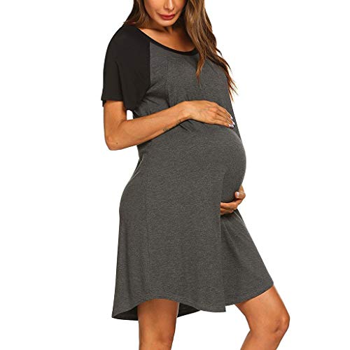 RISTHY Mujer Vestido Premamá Vestidos de Dormir Pijamas Vestido de Maternidad de Lactancia Verano Mangas Cortas Multifuncional Cuello Redondo Sólido Midi Vestido Embarazada