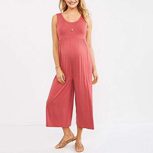 RISTHY Pantalones Peto Vaquero Premamá Mono Ropa Mujer Monos Largos de Algodón Jumpsuits Sin Mangas Pantalones Anchos Tops Cuello Redondo Color Sólido para Embarazada