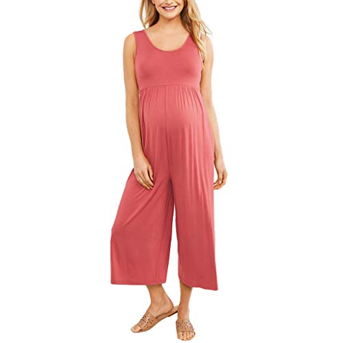 RISTHY Pantalones Peto Vaquero Premamá Mono Ropa Mujer Monos Largos de Algodón Jumpsuits Sin Mangas Pantalones Anchos Tops Cuello Redondo Color Sólido para Embarazada