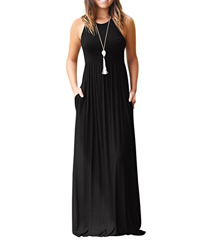 Rojeam Casual Vestidos para Mujer Largo Elegante Vestido para Verano Otoño Cuello Redondo con Bolsillos