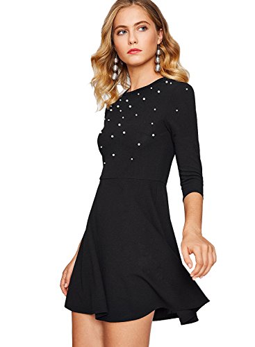 ROMWE Vestido a Media Pierna con Adornos en Forma de Perlas y Adornos en Perlas para Mujer Negro S