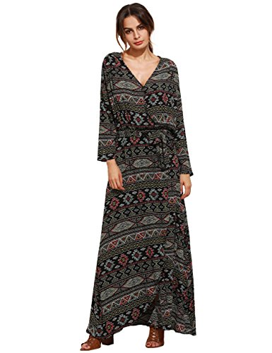 Romwe Vestido largo bohemio de manga larga con cuello en V dividido para mujer - Negro - X-Small