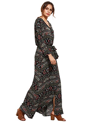 Romwe Vestido largo bohemio de manga larga con cuello en V dividido para mujer - Negro - X-Small