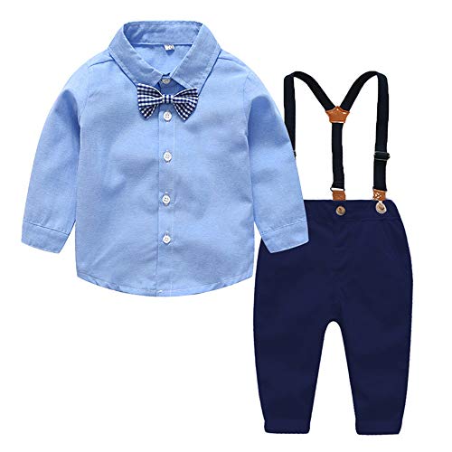 Ropa Bebe Conjunto Niño Traje de Vestir Conjuntos de Otoño e Invierno Camisa de Manga Larga Pantalón + Pajarita Tirantes Ropa Niño Caballero 6 Meses a 6 años (Azul005, 6-12M)