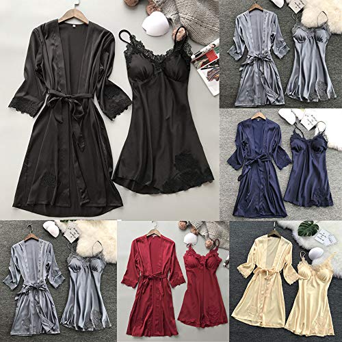 Ropa de Dormir para Mujeres,SHOBDW Regalo del día de San Valentín Babydolls Lencería Sexy Vestido de Seda Vestido de Bata Kimono Conjunto Tallas Grandes Ropa de Dormir 2PCS(Armada,L)