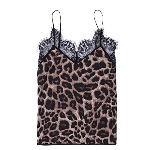 Ropa Mujeres Camiseta Tirantes Estampado Leopardo y Serpiente con Encaje Negro Transparente Camisola Pequeña Casual sin Mangas Top Mujeres Sexy (Marrón, M)