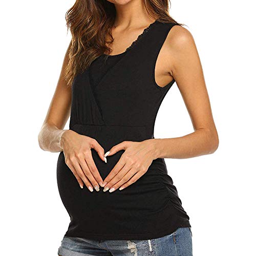 Ropa para Premamá Vestidos para Premamá Vestidos Mujeres Lactantes Color Sólido Sin Mangas Camiseta Encaje Cruzado Blusa Embarazada Verano Mujeres Algodón Ropa Suave-Negro_S