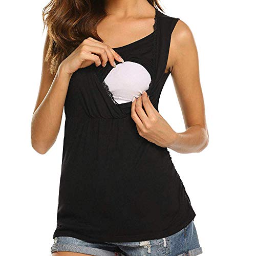 Ropa para Premamá Vestidos para Premamá Vestidos Mujeres Lactantes Color Sólido Sin Mangas Camiseta Encaje Cruzado Blusa Embarazada Verano Mujeres Algodón Ropa Suave-Negro_S