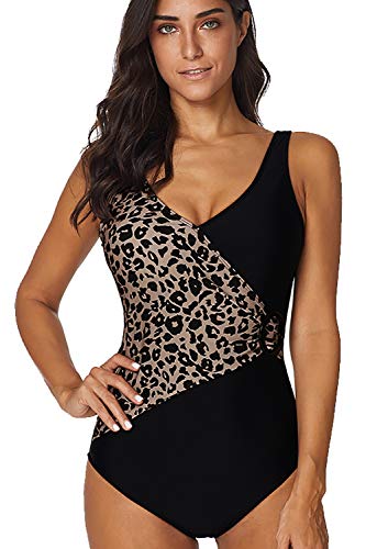 Ropa Traje De Baño Completos Una Pieza Sin Mangas Escote Triangular en V Asimétrico Leopardo Bloque de Color Espalda Baja Acolchado Bañador Monokini Trikini Negro Marrón 5XL