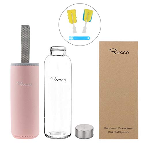 Ryaco Botella de Agua Cristal 550ml, Botella de Agua Reutilizable 18 oz, Sin BPA Antideslizante Protección Neopreno Llevar Manga y Cepillo de Esponja