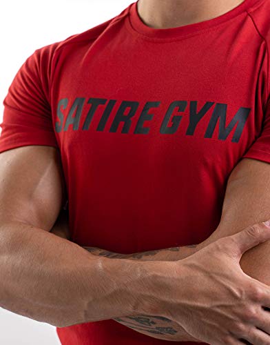 Satire Gym - Camiseta de Fitness de algodón para Hombre, Ajustada y de Secado rápido, Ropa Deportiva para Hombre – Camiseta Deportiva para Hombre como Camiseta de Fitness (Rojo, M)