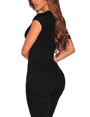 SEBOWEL Body de Mujer de Manga Corta con Cordones Sexy Cuello en V Body Tops Elegante Camiseta Ajustada para Damas (XL, Negro)