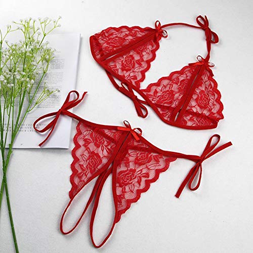 Set Bralette y Braguita Erótica para Mujer, 2 Piezas Ajustable Conjunto Sexy Sensual de Sujetador y Tanga Hilo con Entrepierna Abierta Encaje Floral - Talla única -Rojo