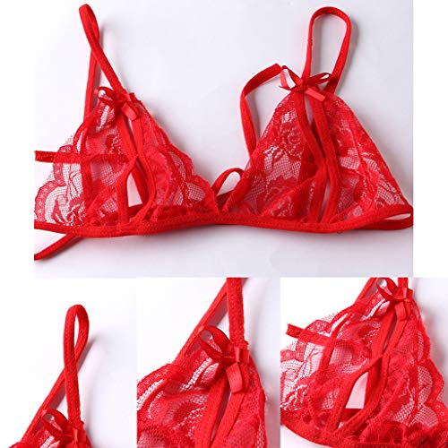 Set Bralette y Braguita Erótica para Mujer, 2 Piezas Ajustable Conjunto Sexy Sensual de Sujetador y Tanga Hilo con Entrepierna Abierta Encaje Floral - Talla única -Rojo