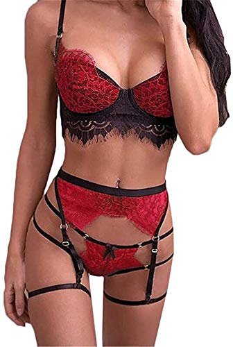 Sexoo Conjunto de Lencería para Mujer con Liguero Sexy Ropa Interior Camisón Babydoll Cuello V de Encaje Ropa de Dormir 3 Piezas