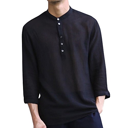 ShallGood Camisa Hombre Lino Blusa Casual Transpirable Top Manga Larga Suelta Botón Camisas Sin Cuello De Color Sólido Trabajo Shirt B Negro Small