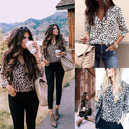 ShallGood Mujer Camisa Leopardo Impresión Casual Solapa Manga Larga Cuello V Talla Grande Moda Blusa T Shirt Tunic Camisetas y Tops tee con Botones Albaricoque ES 48