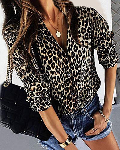 ShallGood Mujer Camisa Leopardo Impresión Casual Solapa Manga Larga Cuello V Talla Grande Moda Blusa T Shirt Tunic Camisetas y Tops tee con Botones Albaricoque ES 48