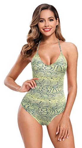 SHEKINI Bañador de una Pieza para Mujer Traje de Baño de una Pieza Sin Relleno Copa y Sin Cuello en U Sexy Acolchado (M,Piel de Serpiente)