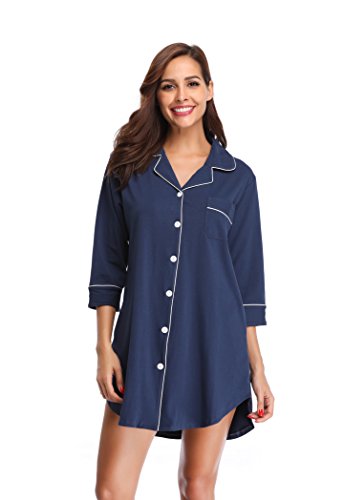 SHEKINI Camisón de Algodón de Manga 3/4 DE Cuello Camisero con Cierre Mediante Botones con Bolsillo Delantero Pijama Corto de Una Pieza Ropa de Dormir Camisones de Noche para Mujer (XL, Azul Marino)