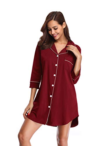 SHEKINI Camisón de Algodón de Manga 3/4 DE Cuello Camisero con Cierre Mediante Botones con Bolsillo Delantero Pijama Corto de Una Pieza Ropa de Dormir Camisones de Noche para Mujer