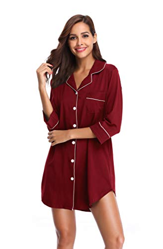 SHEKINI Camisón de Algodón de Manga 3/4 DE Cuello Camisero con Cierre Mediante Botones con Bolsillo Delantero Pijama Corto de Una Pieza Ropa de Dormir Camisones de Noche para Mujer