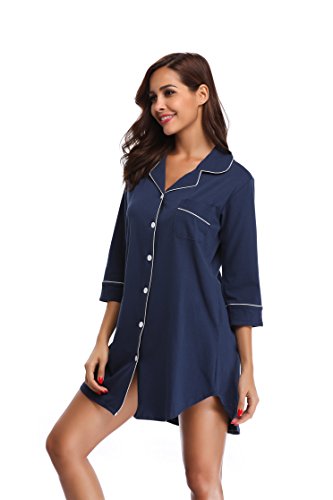 SHEKINI Camisón de Algodón de Manga 3/4 DE Cuello Camisero con Cierre Mediante Botones con Bolsillo Delantero Pijama Corto de Una Pieza Ropa de Dormir Camisones de Noche para Mujer (M, Azul Marino)