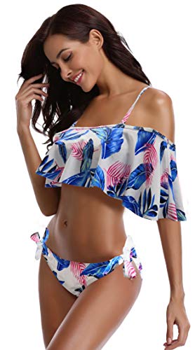 SHEKINI Floral Flounce Bañador de Dos Piezas de Baño(X-Large,Hojas Azul Claro)