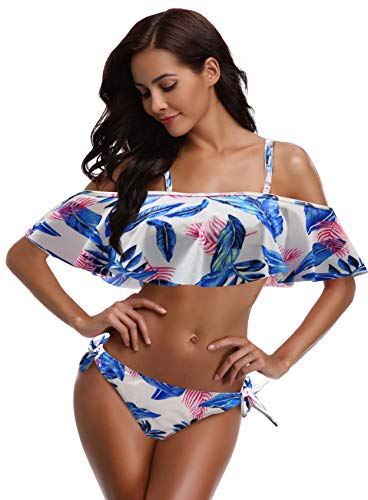 SHEKINI Floral Flounce Bañador de Dos Piezas de Baño(X-Large,Hojas Azul Claro)