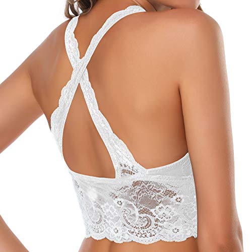 SHEKINI Lace Sujetador Mujer Halter Push-up Bralette Blonda Estilo Top Triangular de elástico Encaje Crochet Lace sin Aro con Relleno Sujetador no Ajustable