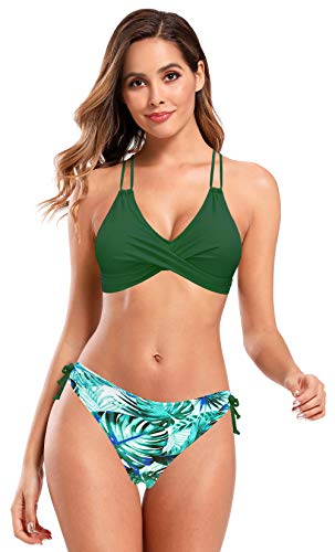 SHEKINI Mujer Bañador de Dos Piezas Deportivo Halter Torcido Bikini Top Ajustable Bikini Dos Piezas Elegante Cintura Baja Impreso Triángulo Bikini Bottoms(C-Verde Y, XS)