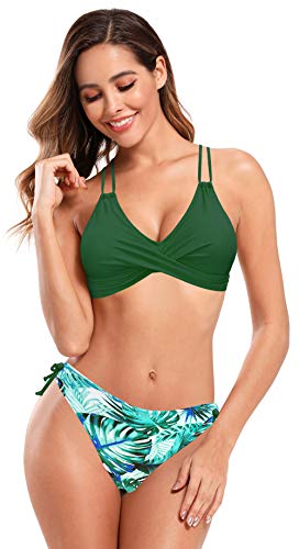 SHEKINI Mujer Bañador de Dos Piezas Deportivo Halter Torcido Bikini Top Ajustable Bikini Dos Piezas Elegante Cintura Baja Impreso Triángulo Bikini Bottoms(C-Verde Y, XS)