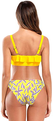 SHEKINI Mujer Bañador de Dos Piezas Traje de Baño Dividido Bikinis Conjuntos Mujer Traje Pequeño con Cuello en V con Volantes Bañador Estampado (S, Amarillo Limón)