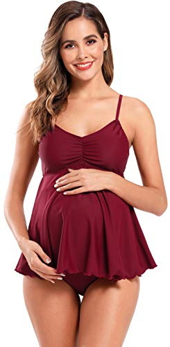 SHEKINI Mujer Bañador de Maternidad Traje de Baño Dividido Trajes de Baño Tankini Raje de Baño Talla Grande Ropa de Playa para Mujer (XL, Vino Tinto)