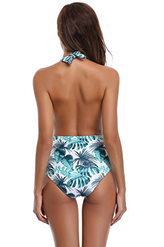 SHEKINI Mujer V-Cuello Bañador Almohadillas Trajes de Baña Halter de una Pieza Monokini (Impresión Verde, Large)