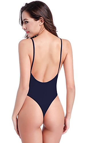 SHEKINI Mujeres Tanga Bañador Trajes de una Pieza Brasileño Bikini Traje de baño (X-Small, Azul Profundo (Borde Cubierto Azul Profundo))