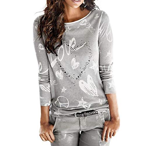 SHOBDW Mujeres Camiseta de Manga Larga con Cuello Redondo y Camisa Impresa Moda Casual Primavera Otoño Blusa Algodón Suelto Tops Sudadera Pullover Camiseta Elegante(Gris,XXL)