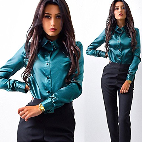 SHOBDW Mujeres Carniva Moda botón Camisa Blusa Casual Tops Manga Larga (Verde, L)