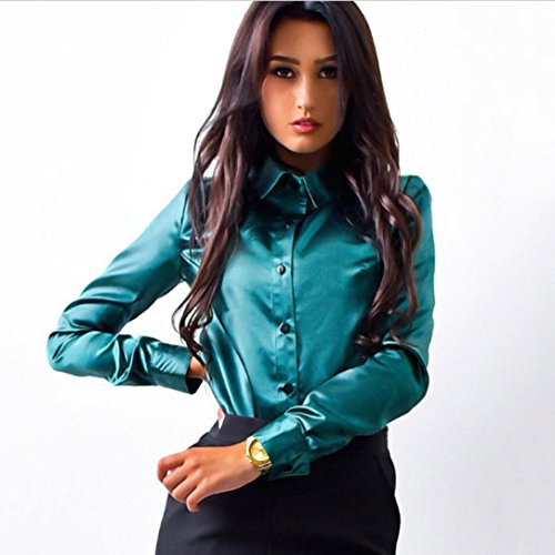 SHOBDW Mujeres Carniva Moda botón Camisa Blusa Casual Tops Manga Larga (Verde, L)