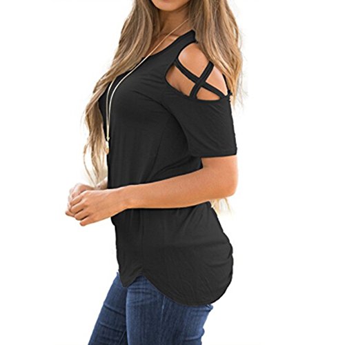 SHOBDW Mujeres de Manga Larga sólido más el tamaño de Encaje Blusa Casual Tops Sueltas Camiseta (Negro, S)