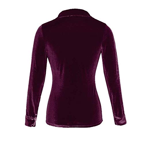 SHOBDW Mujeres de Terciopelo sólido a su Vez-Dowm Cuello Manga Larga Slim Fit Camiseta Tops Blusa (Púrpura, S)