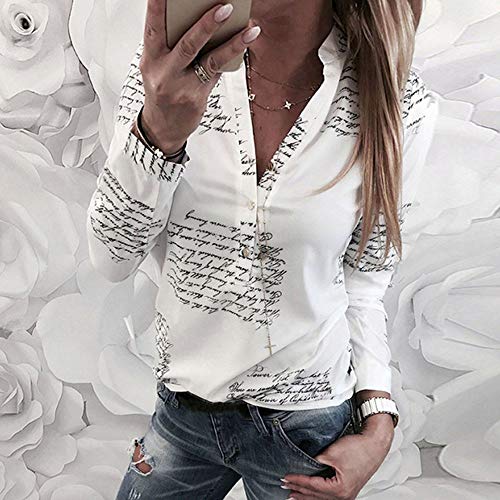 SHOBDW Mujeres V Cuello Blusa Pura Atractiva Grandes Suaves OL Ladies Sueltas Camisas de Bolsillo Tallas Tops Camisa de Manga Larga (3XL, Blanco-3)