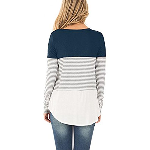 SHOBDW Separación Mujeres rayadas Patchwork elástico Casual Manga Larga Blusa Tops Camisa (Azul, S)