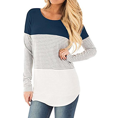 SHOBDW Separación Mujeres rayadas Patchwork elástico Casual Manga Larga Blusa Tops Camisa (Azul, S)