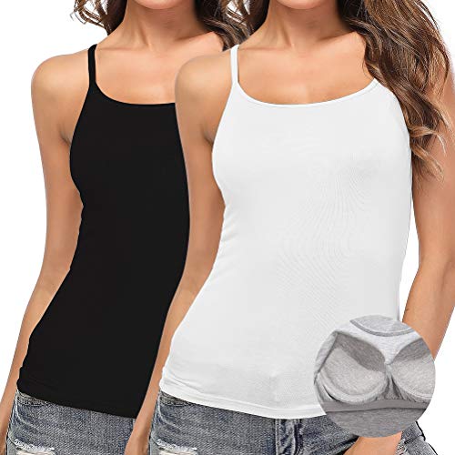 SLIMBELLE Camiseta de Tirantes Mujer con Sujetador Integrado Correas Ajustables sin Aros Cuello Redondo Chaleco Básico Top Negro Blanco Pack de 2 para Copa A-C