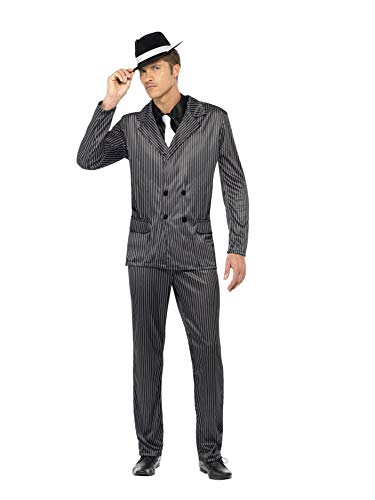 Smiffy'S 23687L Disfraz De Gánster Chaqueta De Raya Diplomática Y Pantalones, Pechera De Camisa Y Corbata, Negro, L - Tamaño 42"-44"