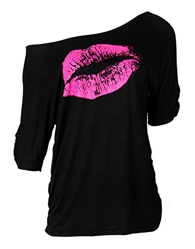 Smile Fish Camiseta de manga corta para mujer, estilo casual, con estampado de labios y estrellas, talla 80 Negro Rose XXXL