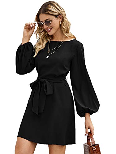 Soly Hux - Vestido corto para mujer con cinturón, vestido de manga larga y cuello barco, elegante, monocromo Negro M