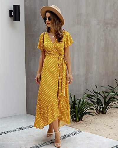 Spec4Y Vestido largo de verano para mujer, con cuello en V, manga corta, estilo bohemio, para la playa, con ranura. 032amarillo L